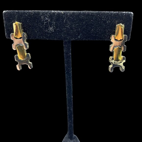 Vintage Two Tone Gold Silver Link Necklace Earrings Set Modern Retro Statement - Picture 9 of 10